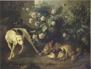 Francois Desportes Dog Guarding Game Near a Rosebush (mk05) oil painting picture